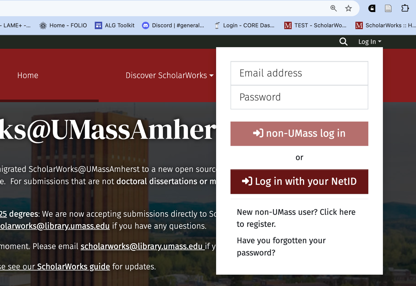 The login page for ScholarWorks which shows the "Login with your NetID" option for UMass users.
