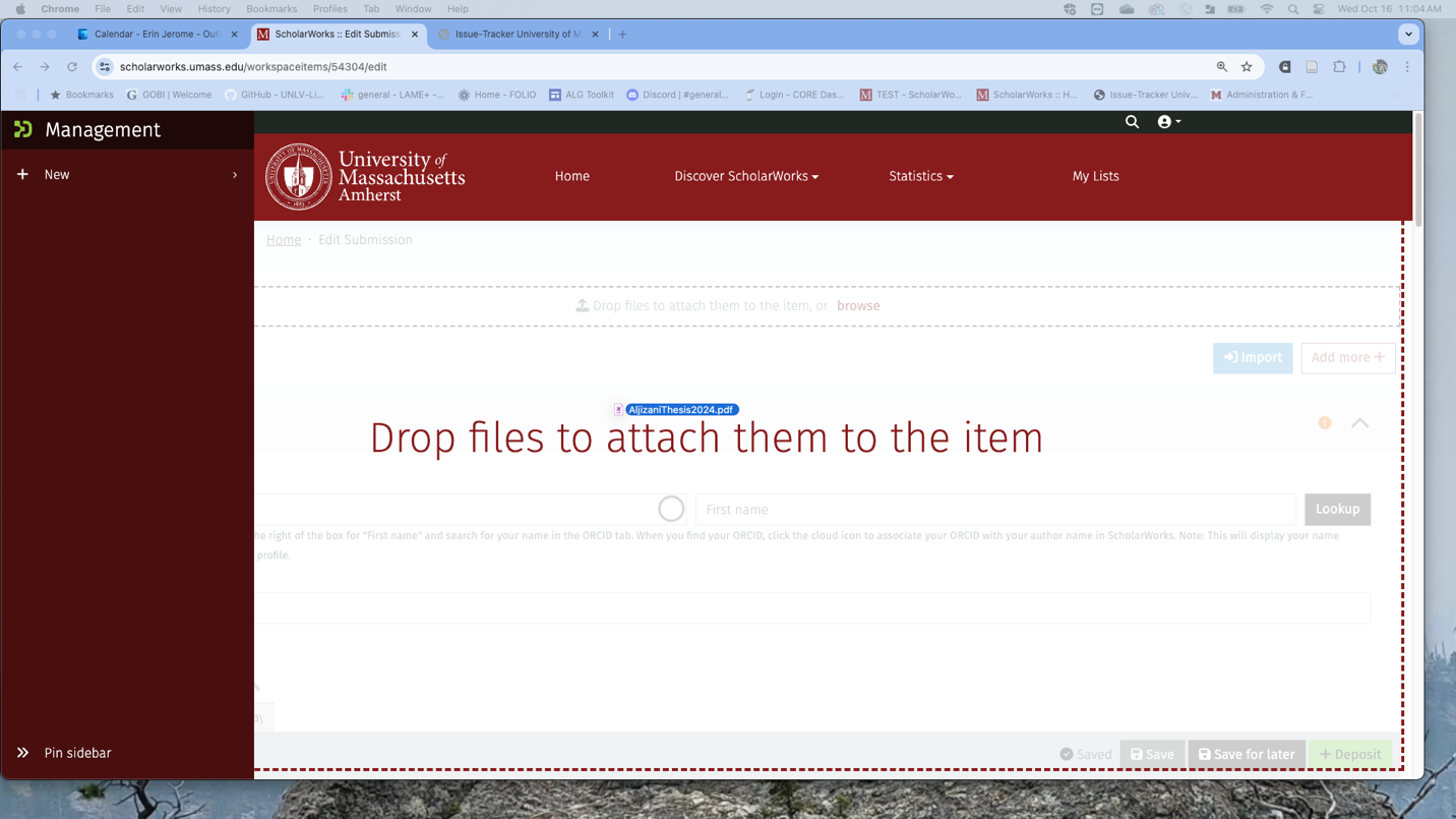 A screenshot of a PDF being dragged and dropped into a ScholarWorks submission